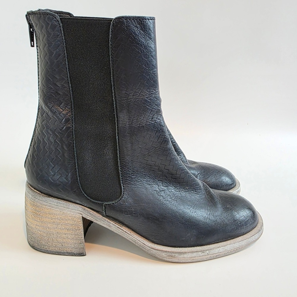 Free People Black Leather Woven Chelsea Ankle Boots Block Heel Spain 38 C2845023